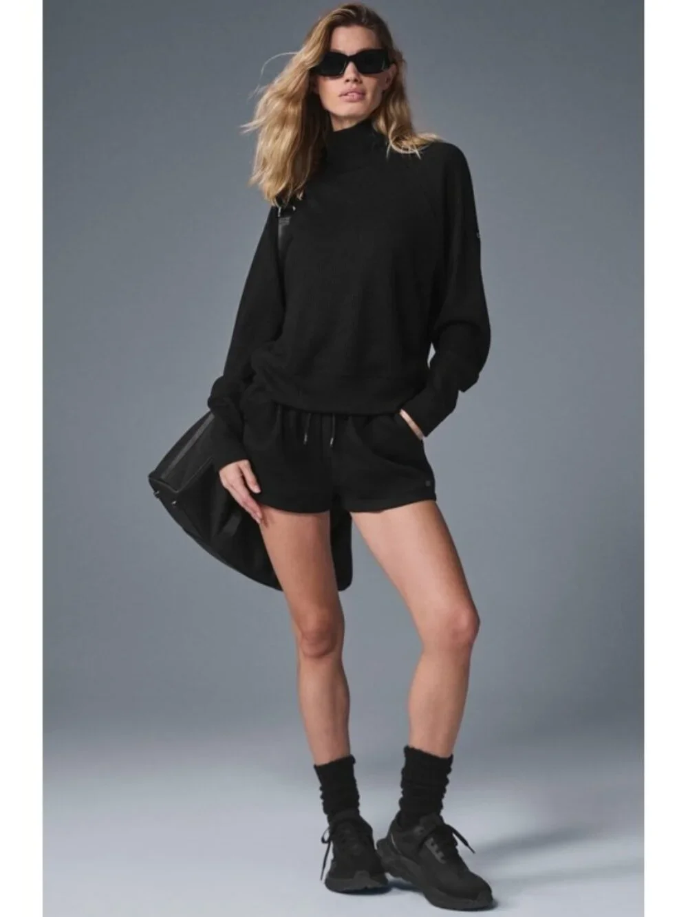 Alo Waffle Weekend Escape Mock Neck Long Sleeve Black Turtleneck Thermal Sweater